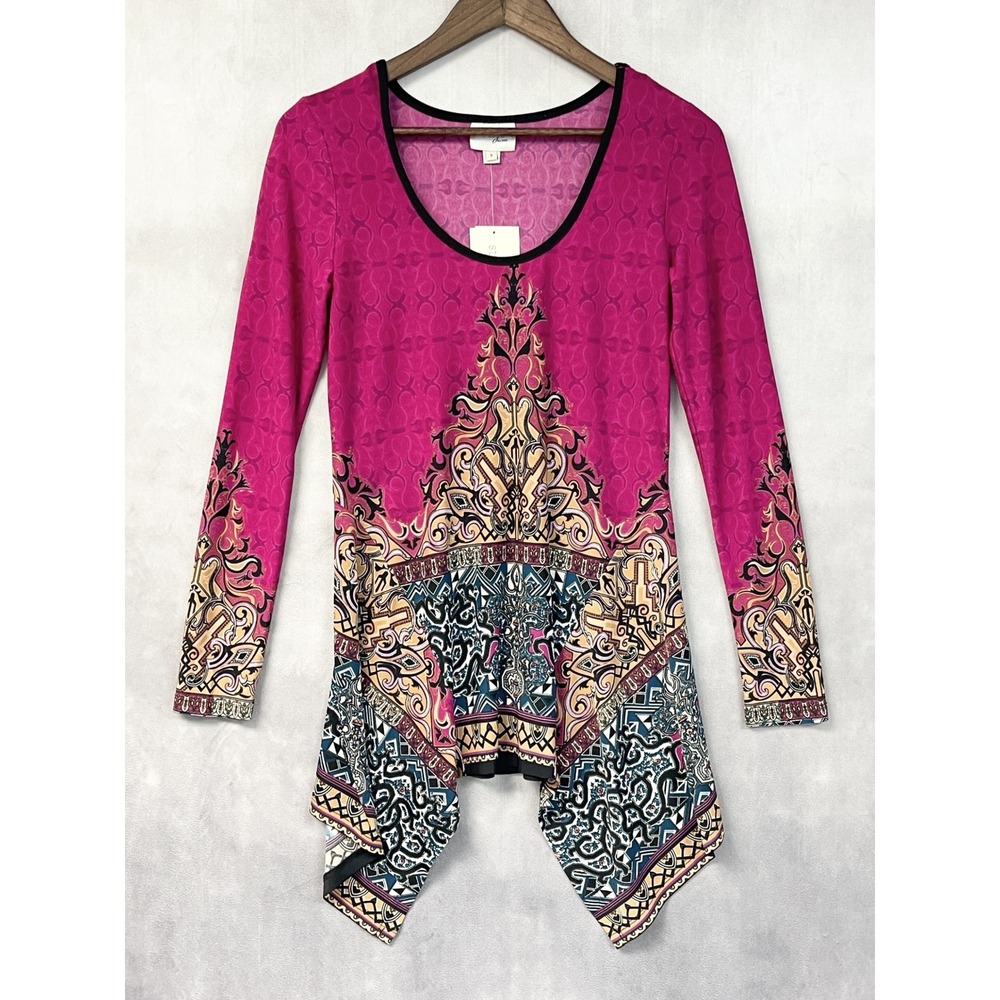Beige by ECI Tunic Top Women Size S Stretch Handkerchief Hem Boho Eclectic Pink